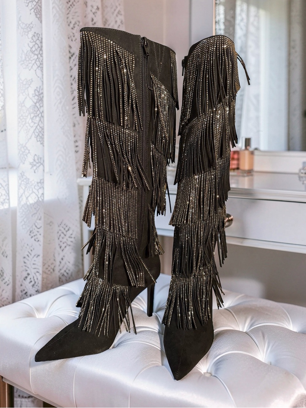 Inc. International Concepts NWT Sz 7.5 “Shyn" Black Bling Silver Fringe Boot 456